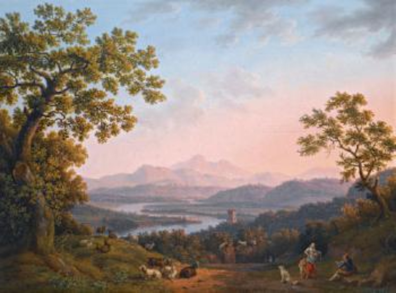 A View Along The Valley Of The River Tiber Towards Poggio Mirteto, And Beyond The Sabine Mountains Lit Up By The Evening Sun by Jacob Philipp Hackert