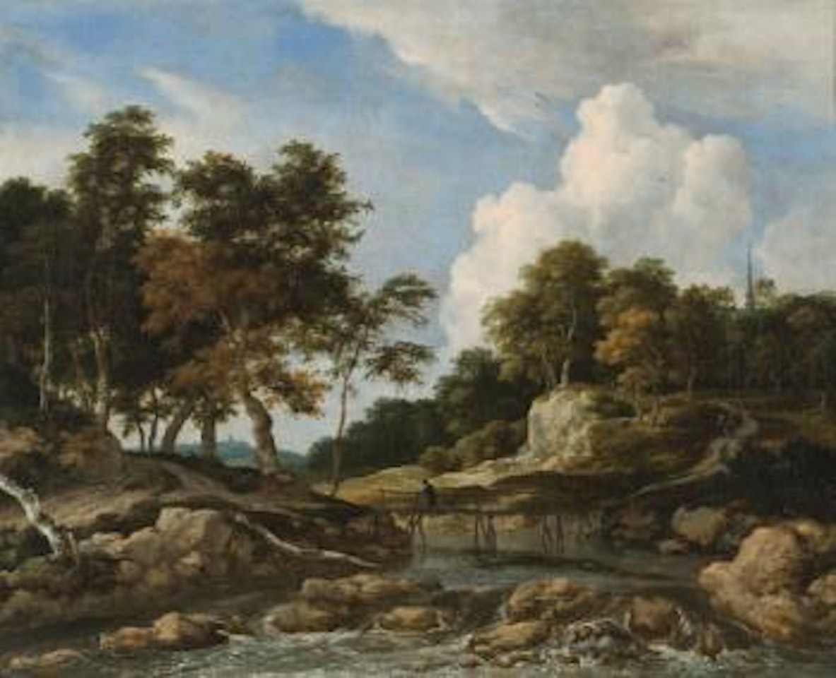 A Wooded River Landscape With a Bridge, a Church Beyond by Jacob Salomonsz. van Ruysdael