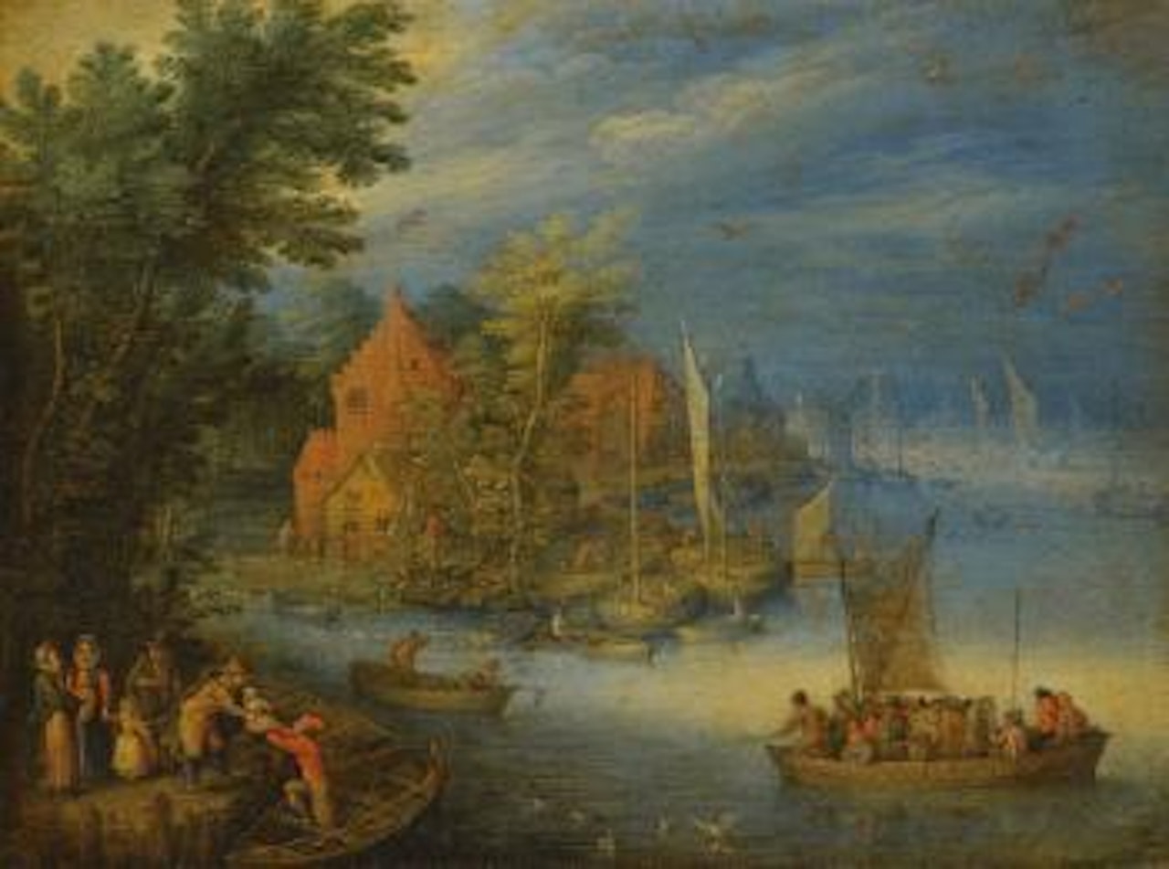 A Town On The Banks Of a Wide River With a Heavily Laden Ferry Approaching The Shore In The Forgeound by Jan Brueghel the Younger