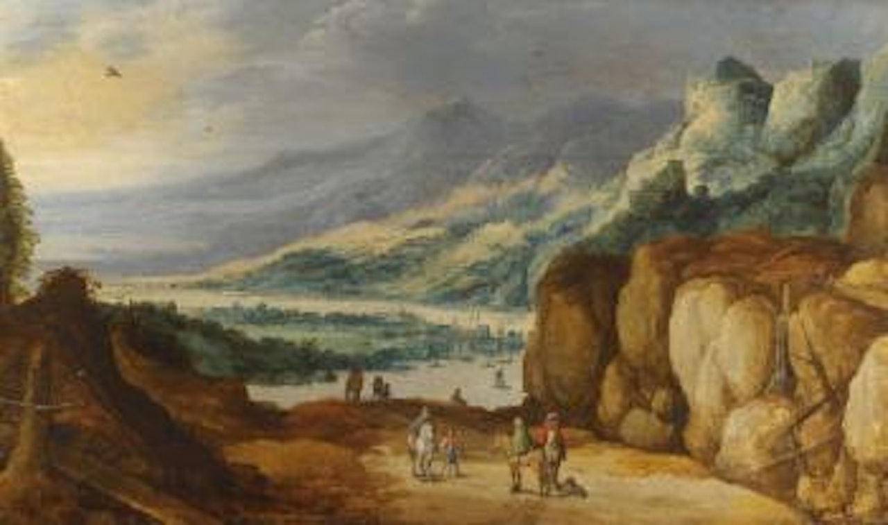 An Extensive Mountainous River Landscape With Horsemen Conversing On a Raised Plateau by Joos de Momper the Younger