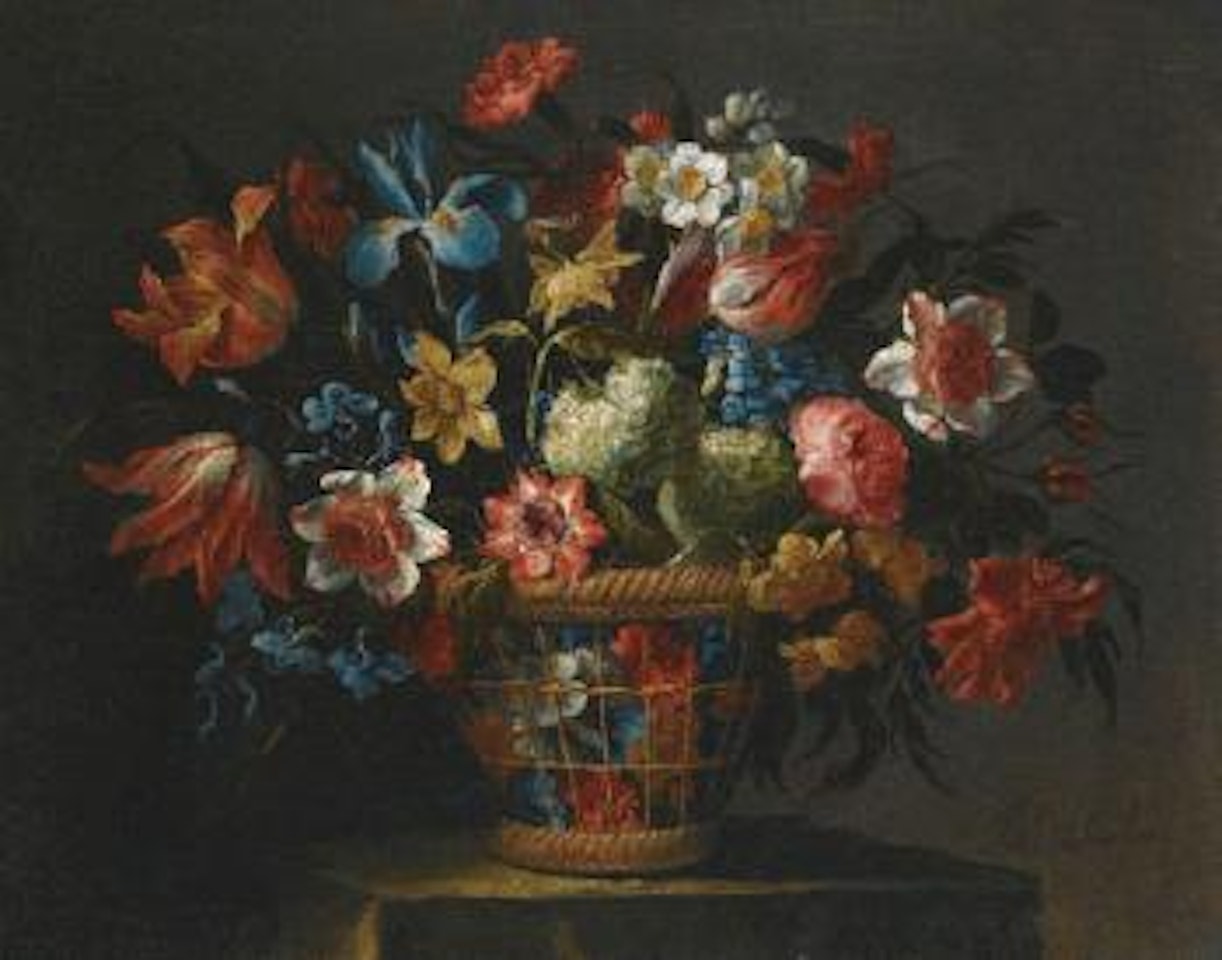 Still Life With Flowers, Including Anemones, Snowballs And Yellow Narcissi, In a Wicker Basket Set Upon a Stone Pedestal by Juan de Arellano