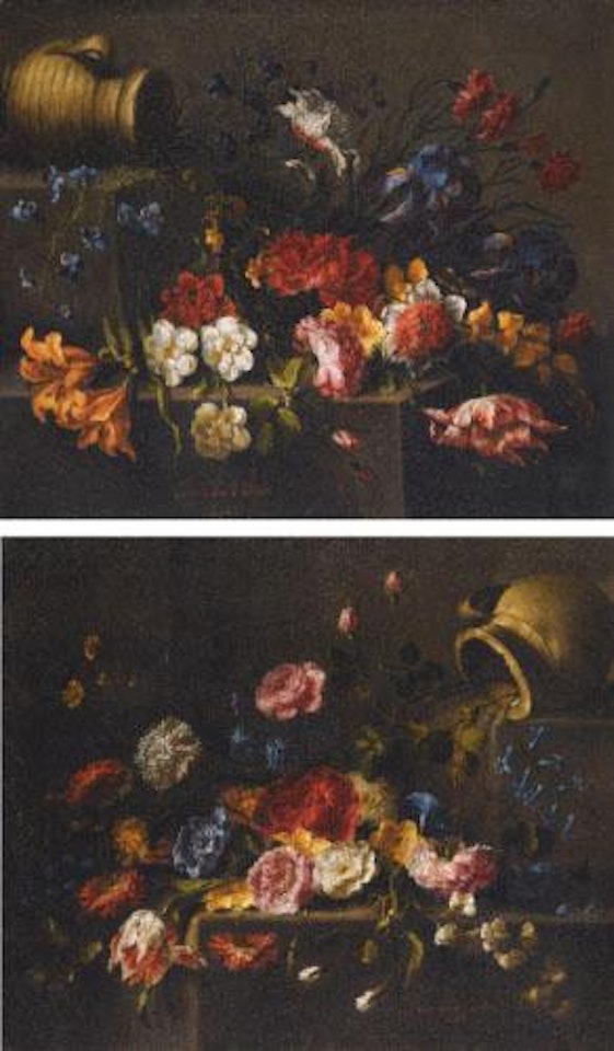 Lilies, Roses, Peonies, Pinks, Iris, a Tulip And Other Flowers On a Stone Ledge, An Earthenware Vessel Upper Left; a Tulip, Roses, Dahlias, Peonies, Campanula, Orange Blossom And Other Flowers On Some Steps, An Earthenware Pitcher Upper Right by Juan de Arellano