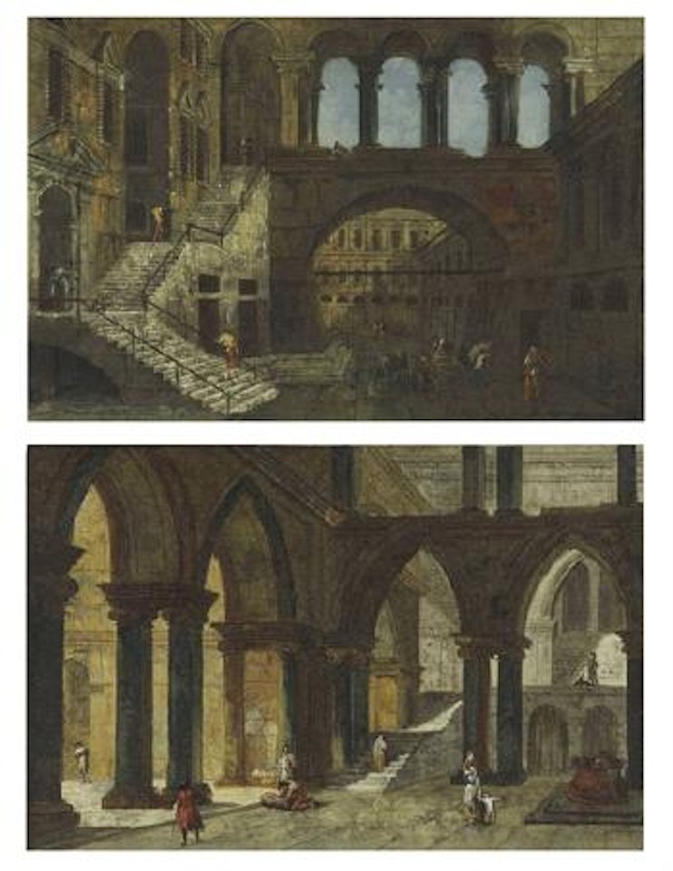 Architectural fantasy with a staircase in an open courtyard. chitectural fantasy with Gothic arches by Michele Marieschi