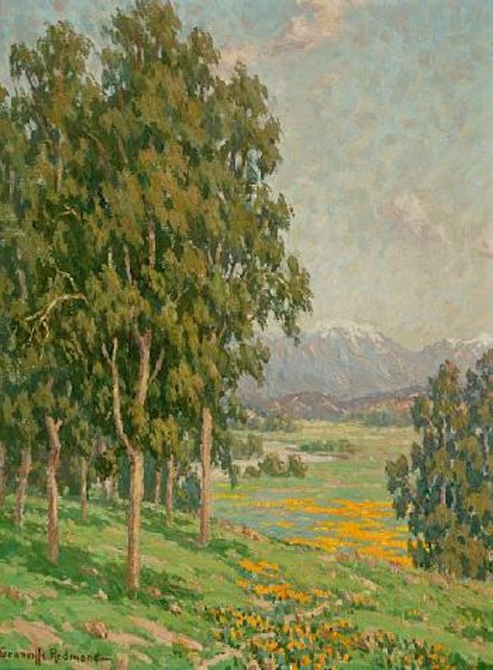 California wildflowers and distant snow-capped mountains by Granville Redmond