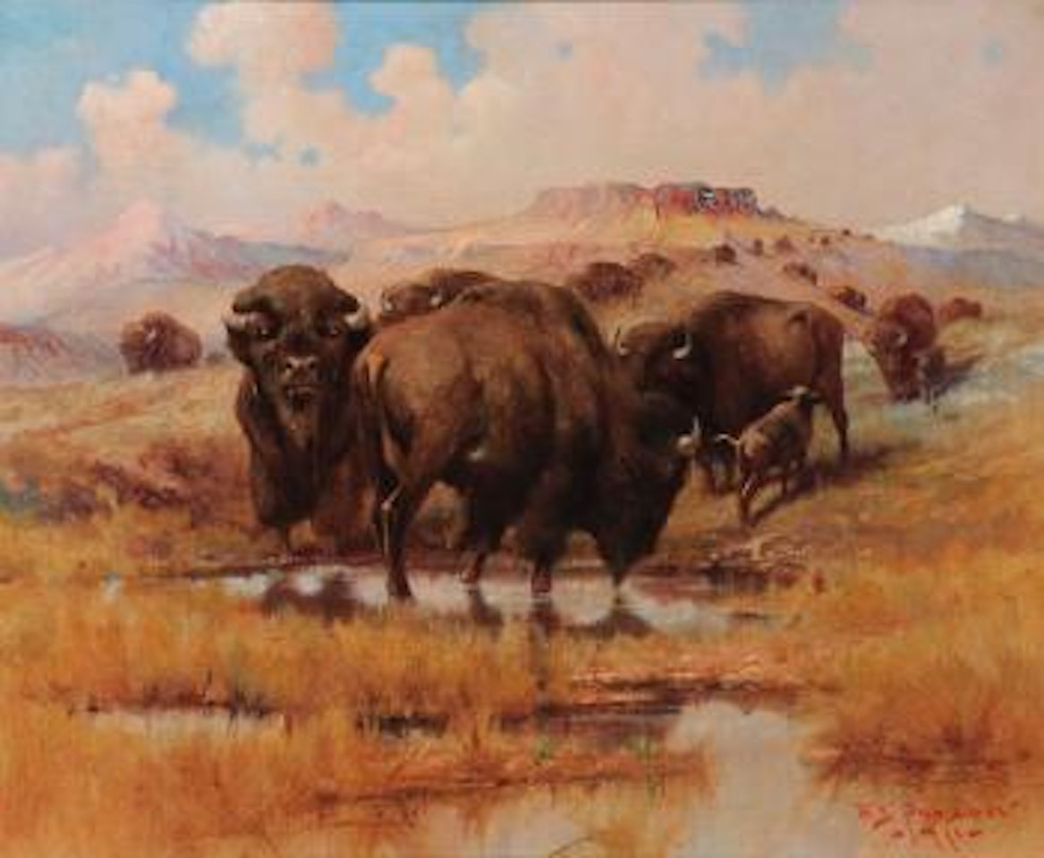 Buffalo at a watering hole by Edgar S. Paxson