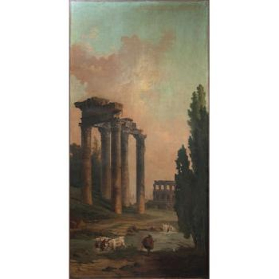 Caprice Architectural Avec Les Ruines Du Temple De Saturne Et Le Colysée Dans Le Fond by Hubert Robert