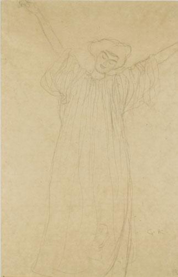 Gewandfigur Von Vorne, Kopfstudie Im Gewand (Clad Figure Frontal View, Head Study) by Gustav Klimt