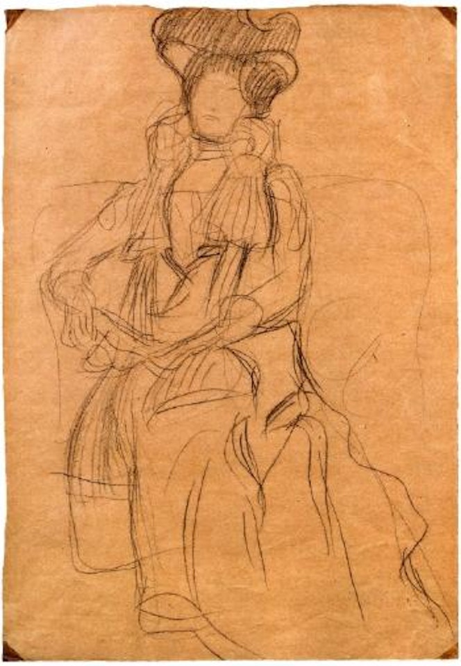 Bildnis Marie Henneberg - Im Lehnstuhl sitzend nach links mit Hut by Gustav Klimt