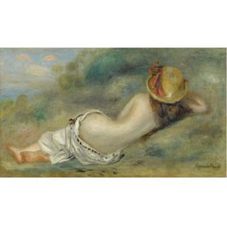 Baigneuse AllongÃ©e De Dos Avec Un Chapeau De Paille Or Femme CouchÃ©e Sur L'herbe by Pierre-Auguste Renoir