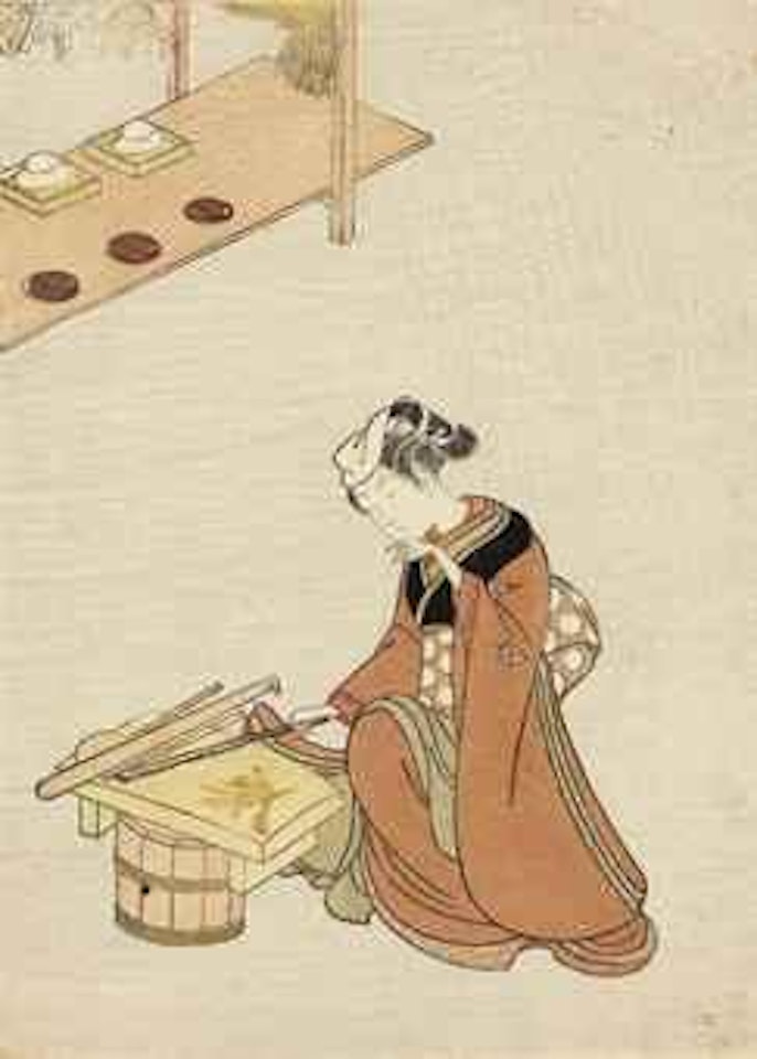 Preparing Seven-herb Porridge (nazuna) for the New Year by Suzuki Harunobu