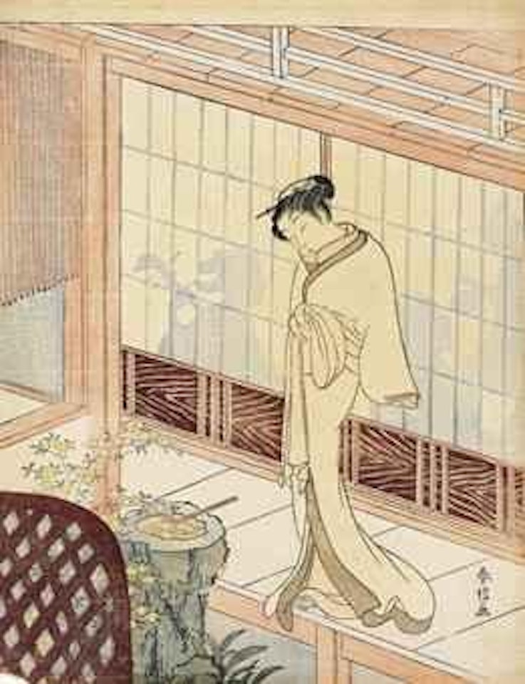 Courtesan Taking a Break from a Party, Parody of the "Mugen no kane" Scene in the Play Hiragana seisuiki by Suzuki Harunobu