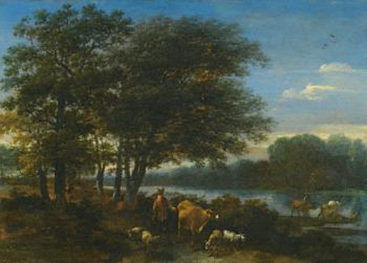 A Bosky River Landscape With Herders And Animals by Nicolaes Pietersz Berchem