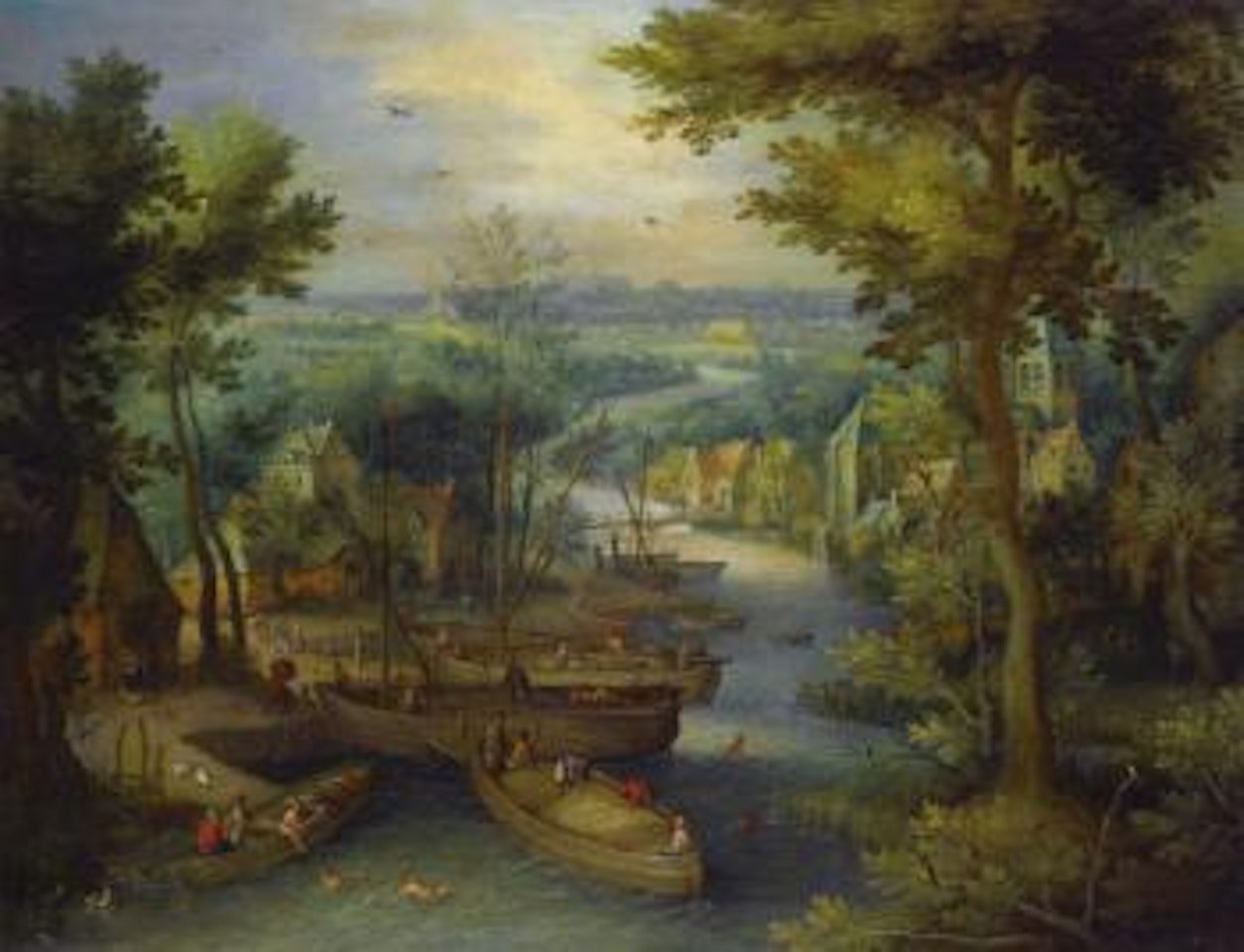 An Extensive River Landscape With Villagers Swimming And Loading Boats Beside a Village by Antwerp School by Jan Brueghel the Younger