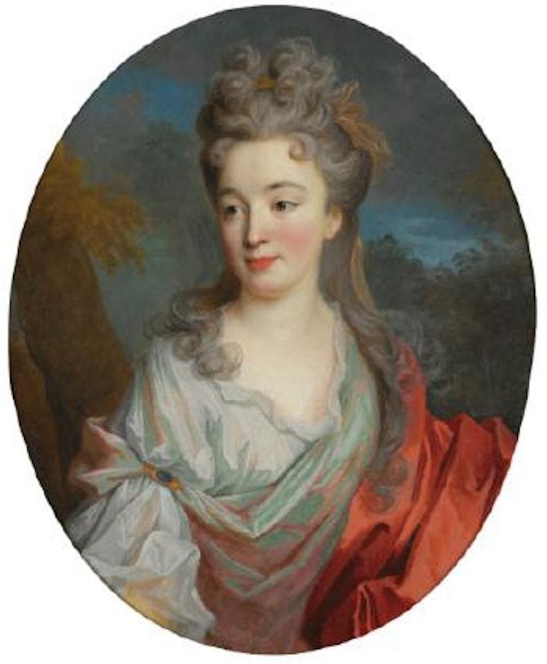 Portrait Of a Lady, Half Length, With a White Shirt And Red Sash, a Landscape Beyond by Jean-Baptiste Oudry