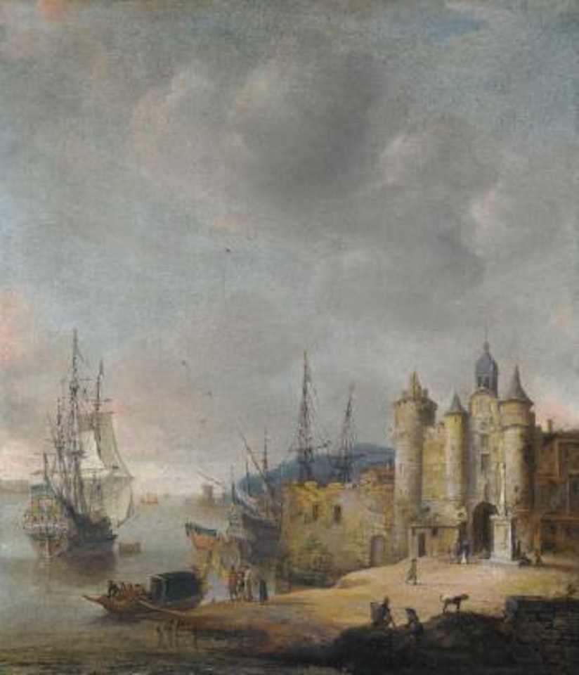 A Harbour Scene With a Man-of-war And Other Shipping, Figures Conversing On The Shore by Jan Abrahamsz. Beerstraten