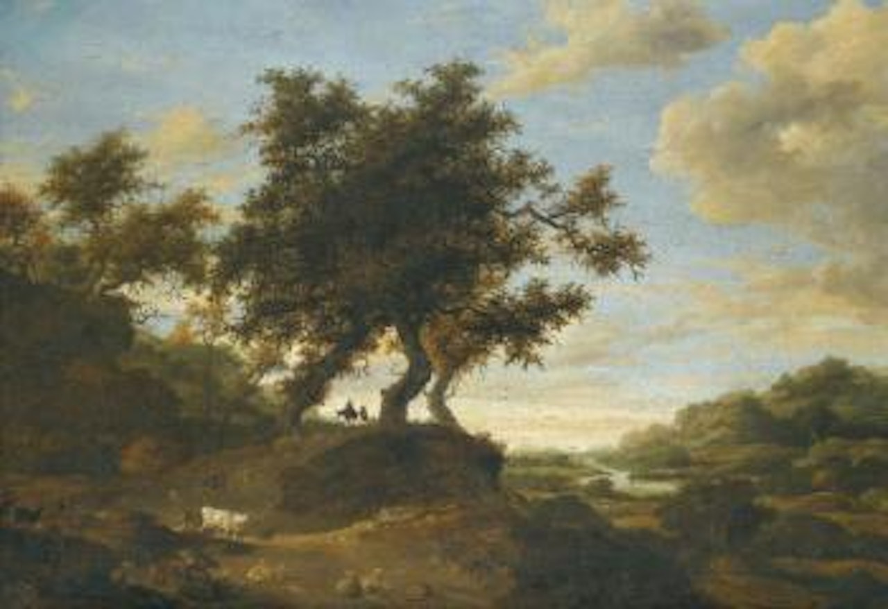 Herders On Lightly Wooded Raised Ground Overlooking An Expansive River Landscape by Jacob Salomonsz. van Ruysdael