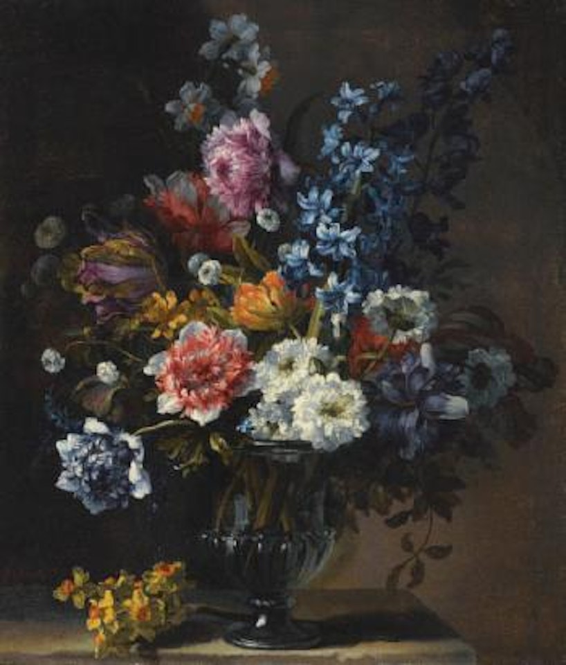 A Still Life With Tulips, a Hyacinth And Other Flowers In a Glass Vase On a Stone Plinth by Jean Baptiste Monnoyer