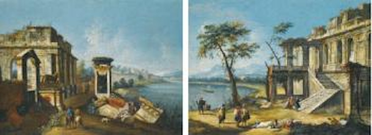 A River Landscape With a Capriccio View Of Classical Ruins With Figures On a Path; a Lacustrine Landscape With a Capriccio Of a Classical Building, Elegant Figures Conversing In The Foreground by Michele Marieschi