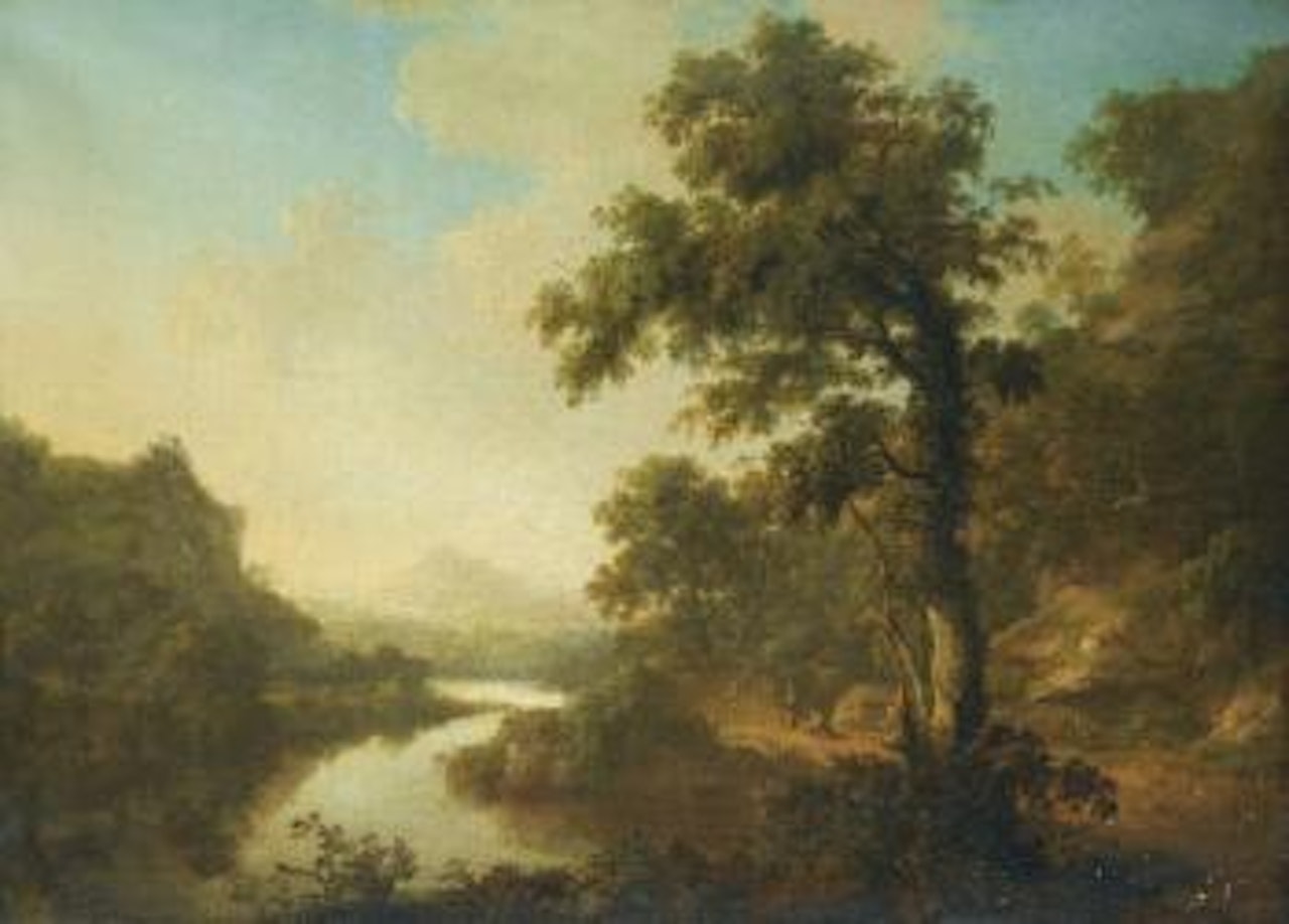 A Wooded River Landscape With Figures On a Path by Thomas Roberts