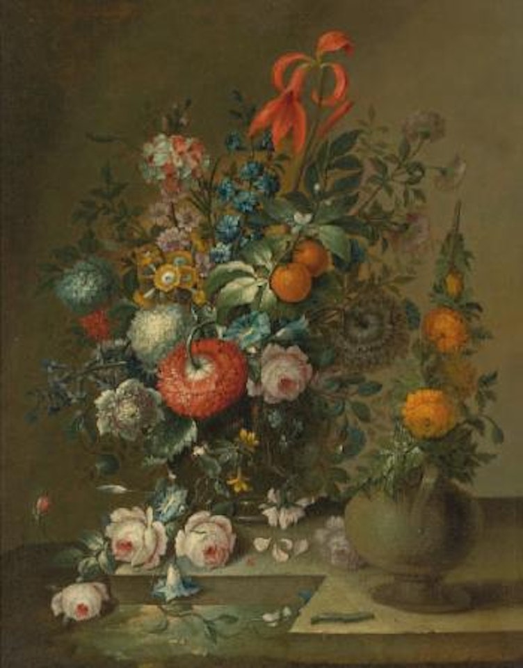Still Life Of Various Flowers Including Roses, Primroses, a Lily, Hyacinths, And Oranges On a Stem In a Glass Vase, With Other Flowers In a Stone Urn All Resting On a Ledge by Austrian School by German School