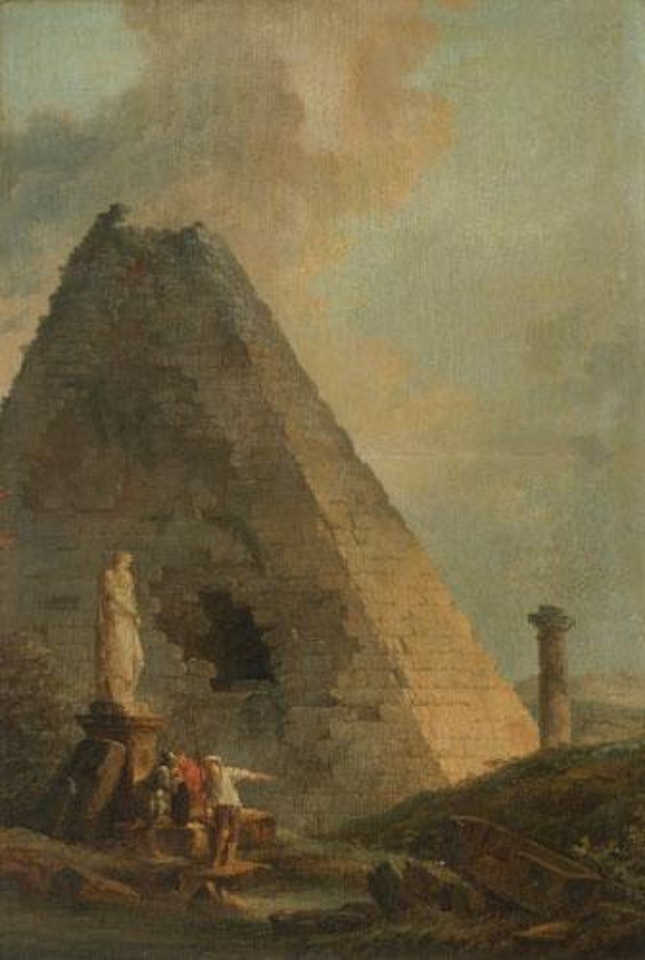 A Capriccio With The Pyramid Of Cestius And Travellers In An Italianate Landscape by Hubert Robert