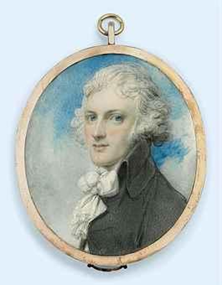 Sir James Montgomery, 2nd Bt. of Stanhope (1766-1839), in dark grey coat, white waistcoat and knotted cravat, powdered hair, blue sky background by Richard Cosway