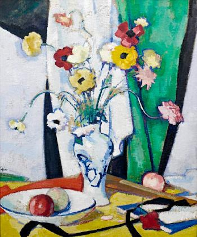 Still life with flowers, fruit and fan by Samuel John Peploe