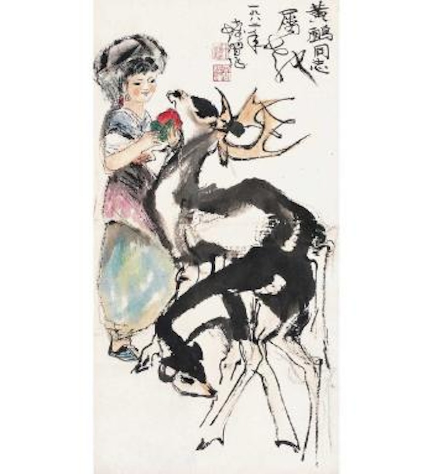 Two deer and a maiden carrying a peach by Cheng Shifa