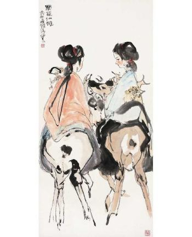 Two fairies on deer by Cheng Shifa