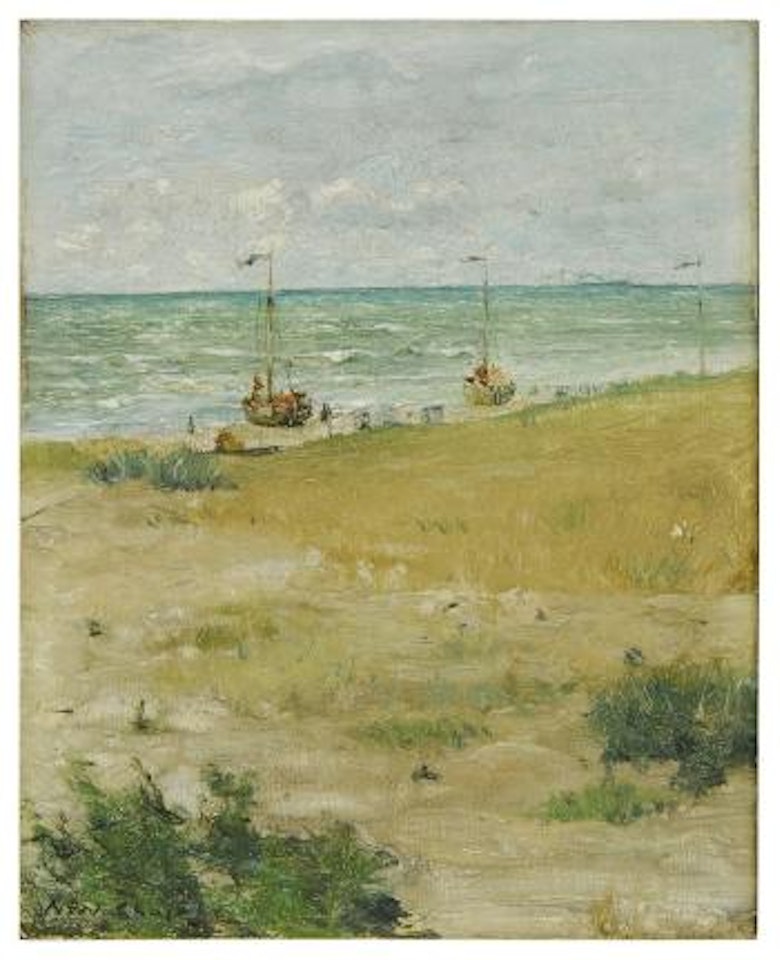 Sailboats on beach by William Merritt Chase