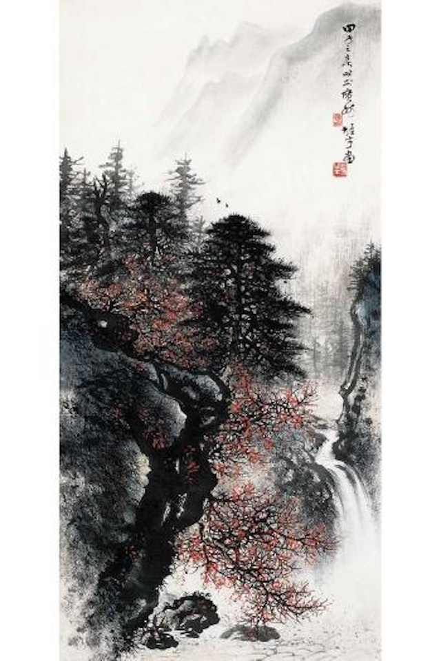 Waterfall in mountains by Li Xiongcai