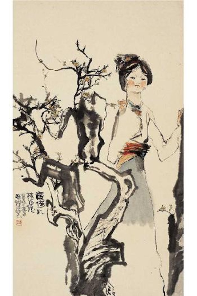Maiden standing by a blossoming plum tree by Cheng Shifa