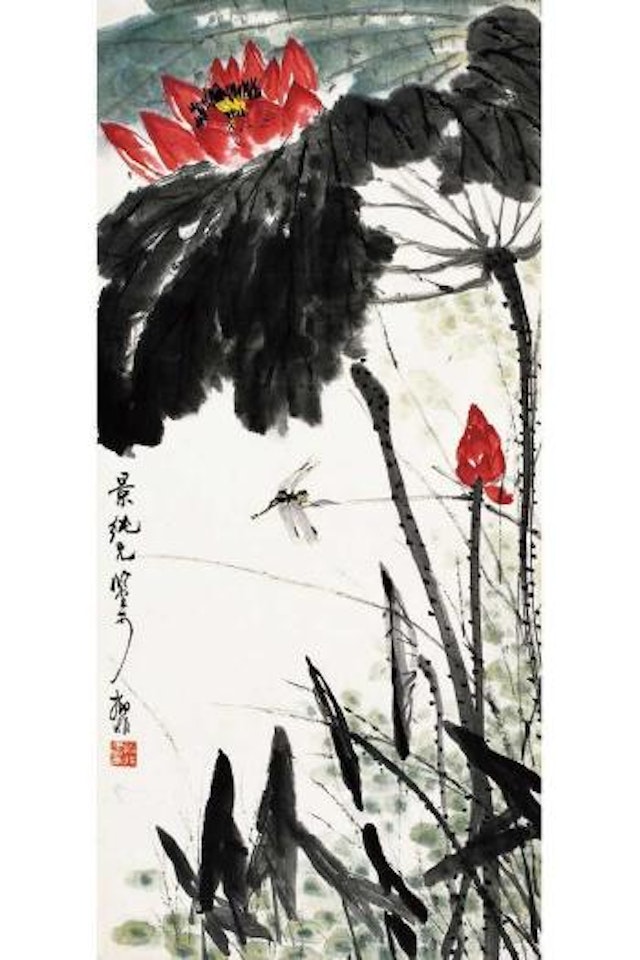 Dragonfly among lotus flowers by Lu Yifei