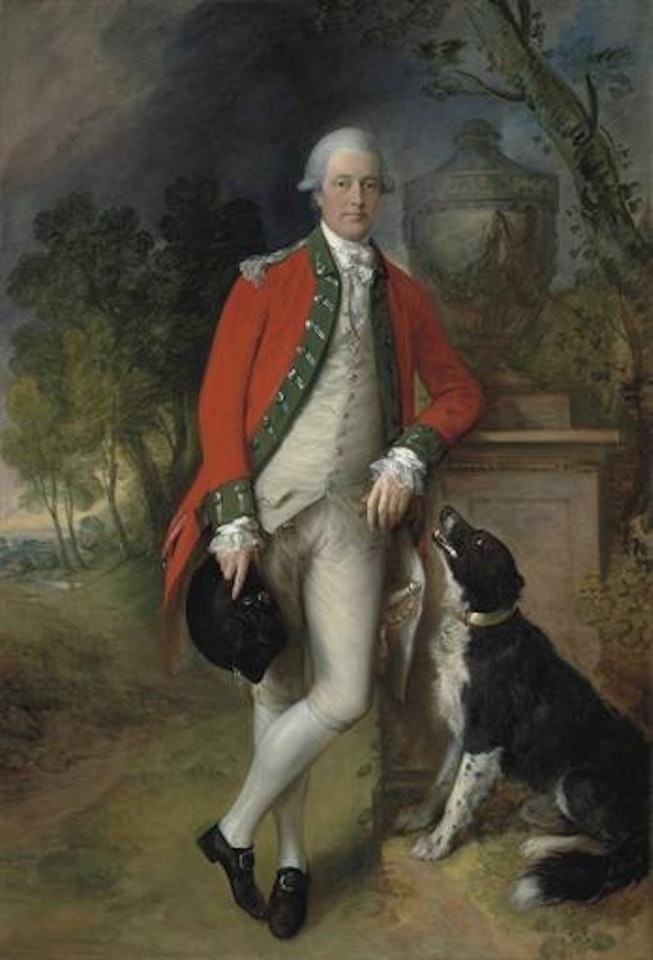 Portrait of Colonel John Bullock dressed in military uniform in a landscape, with a dog at his feet by Thomas Gainsborough