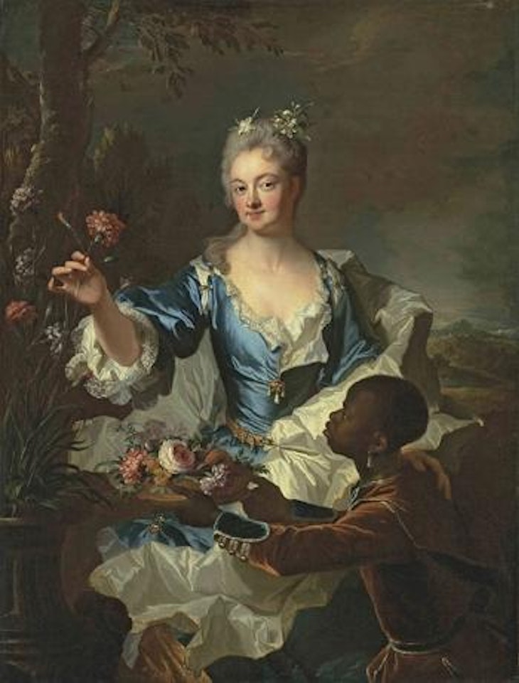 Portrait of Hyacinthe-Sophie de Beschanel-Nointel, Marquise de Louville, in a blue and white dress with pearls, with a page in livery presenting a basket of flowers by Hyacinthe Rigaud