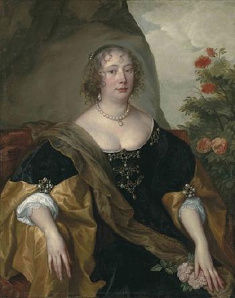 Portrait of Beatrice, Countess of Oxford, seated, in a black velvet dress lined with gold silk, a brown mantle and jewels, in a landscape by a rose bush by Anthony van Dyck
