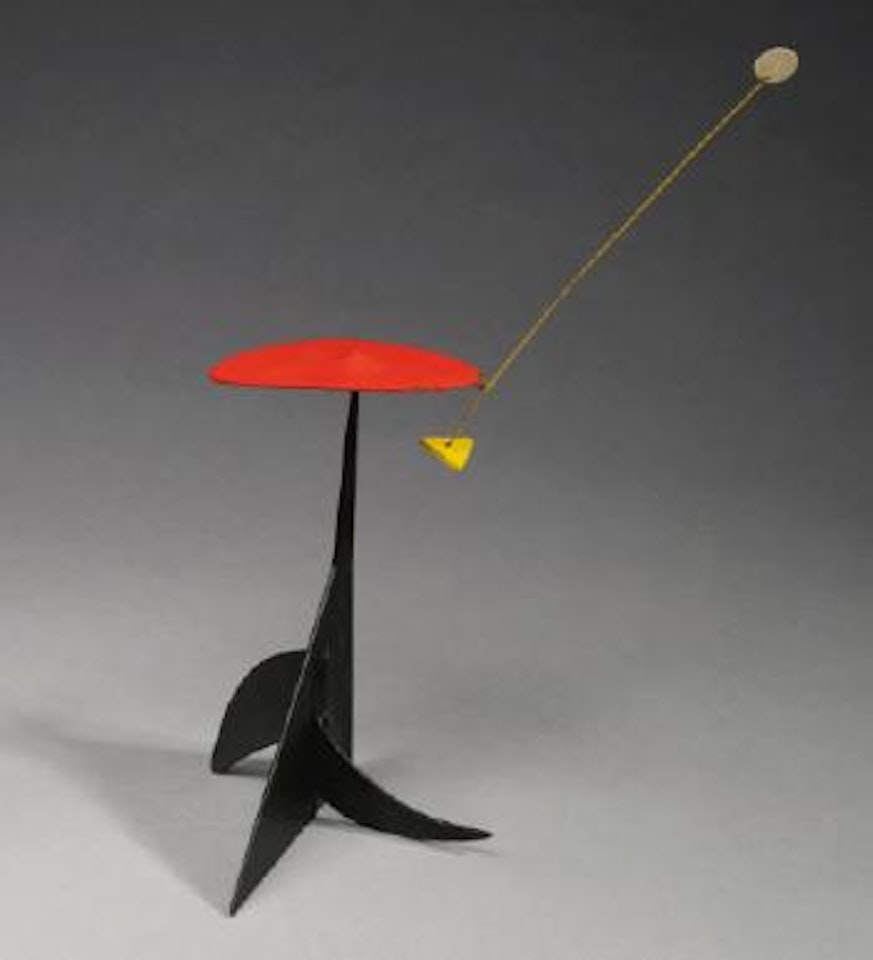 Red Mushroom, White Dot, Yellow Triangle On Black Wave by Alexander Calder