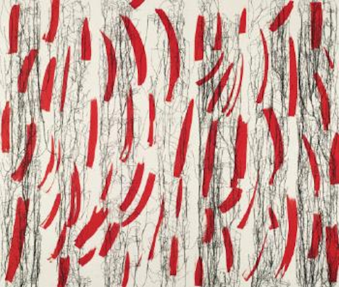 Red Strokes On Raw Canvas by Ghada Amer