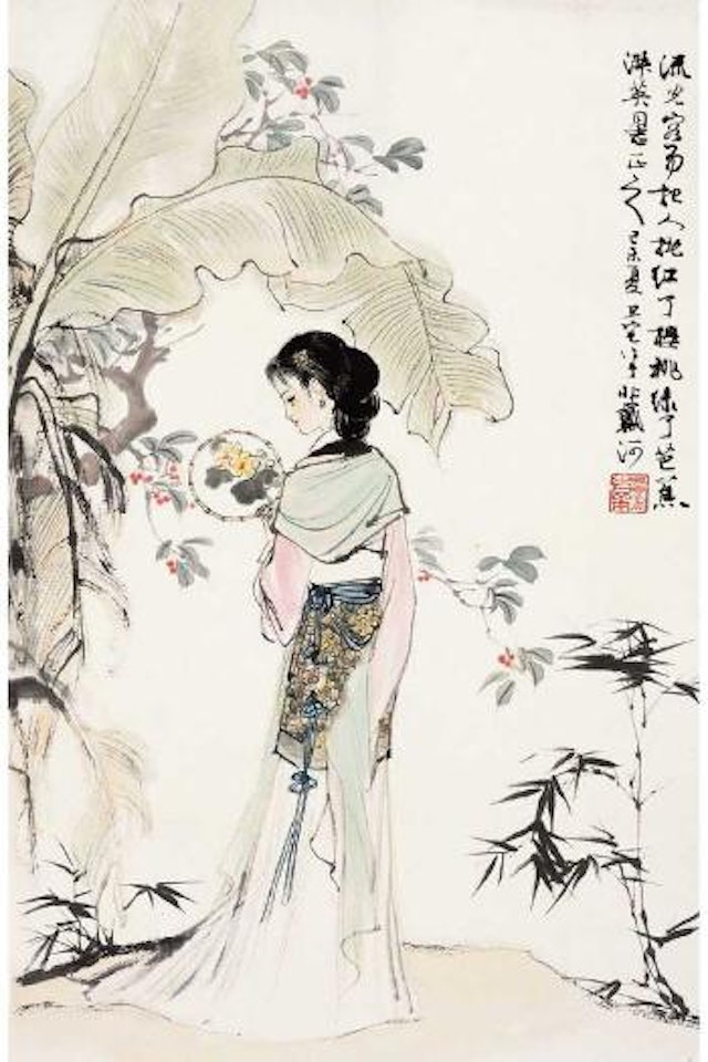 A beauty carrying a round fan by Liu Danzhai
