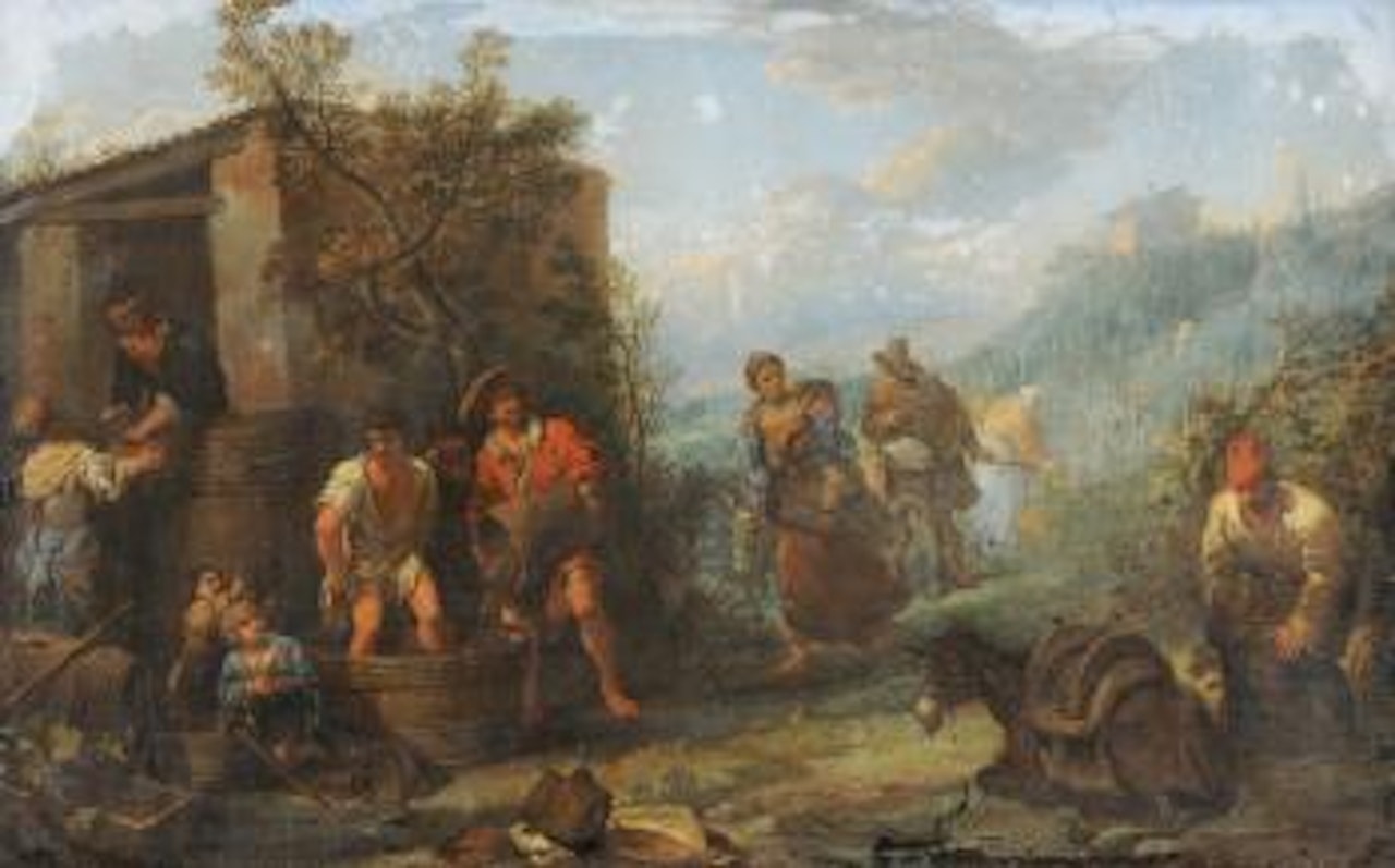 Bäuerliche Gesellschaft beim Trauben stampfen by Theodor Helmbreker