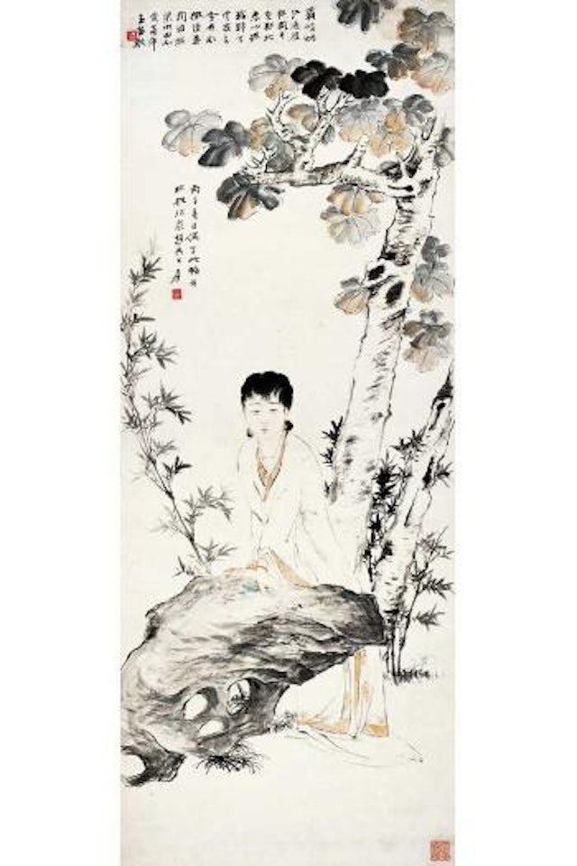 A beauty under a phoenix tree by Zhang Daqian
