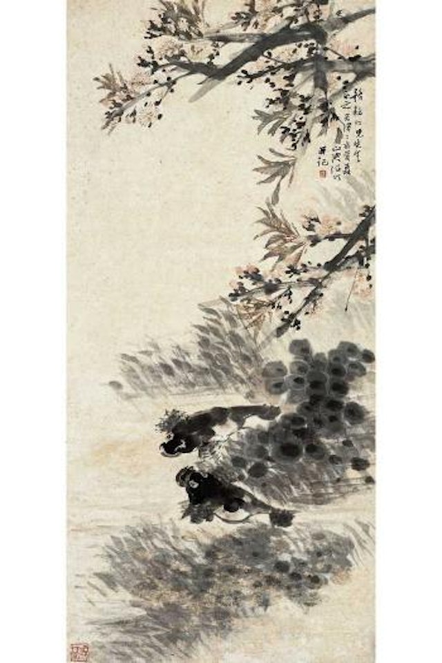 Fish swimming under branches of peach blossoms by Ren Bonian