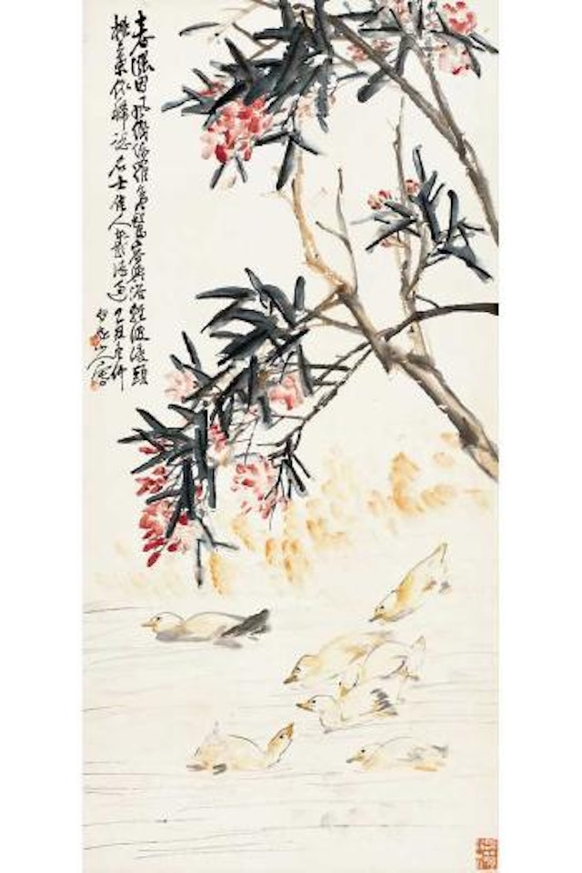 Water fowls swimming under a blossoming peach by Wang Zhen