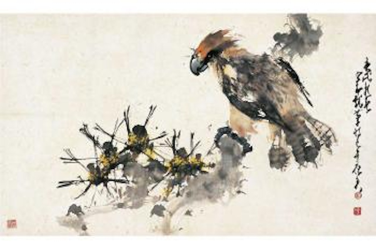 Eagle standing on a pine branch by Zhao Shao'ang