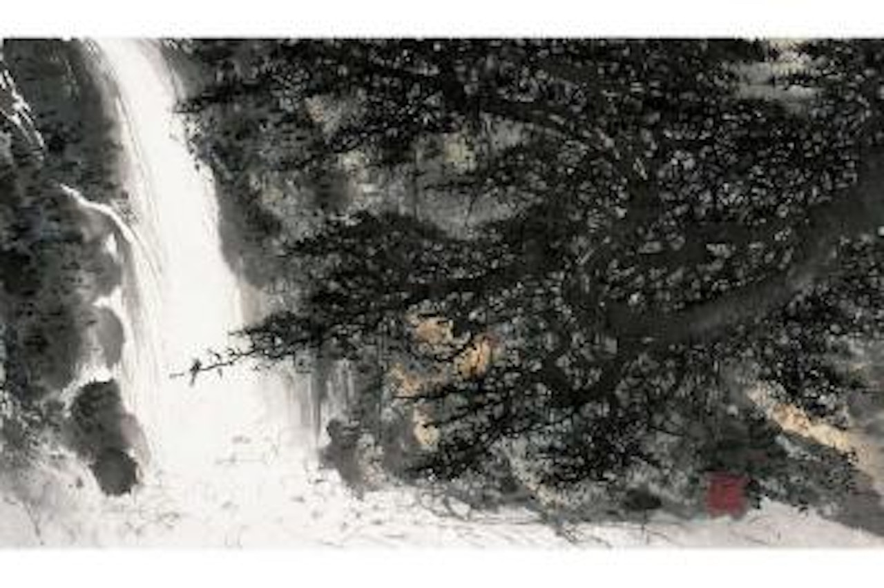 Birds twittering in front of a waterfall by Li Xiongcai