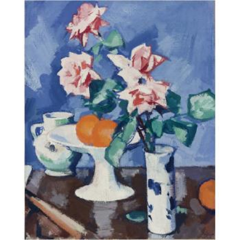 Still With Pink Roses In a Blue And White Vase With Oranges And Jug by Samuel John Peploe