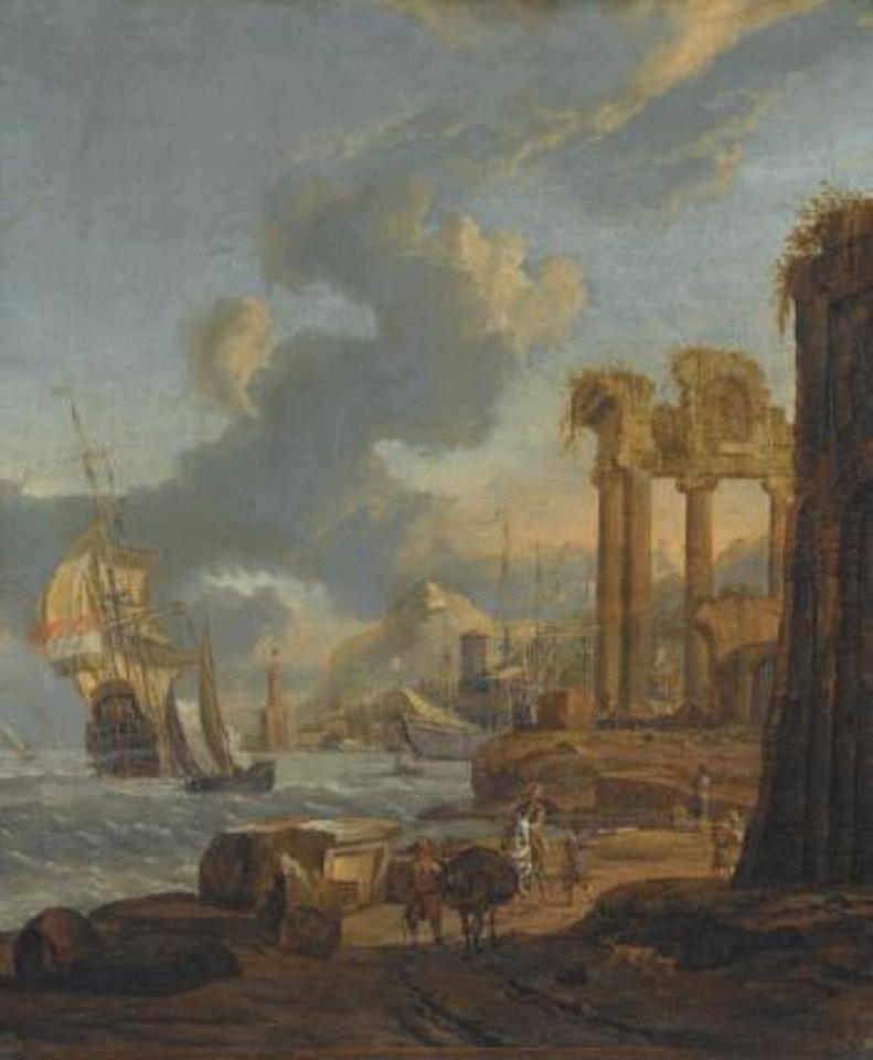 A Mediterranean Harbour Scene With Travellers On The Shore, a Dutch Man-of-war On The Left by Abraham Storck