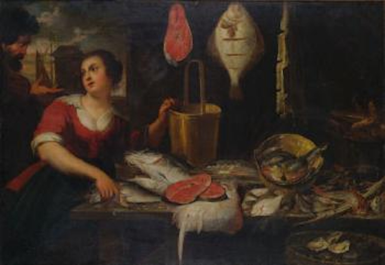 Two Figures In a Kitchen Interior With a Fish Still Life by Flemish School