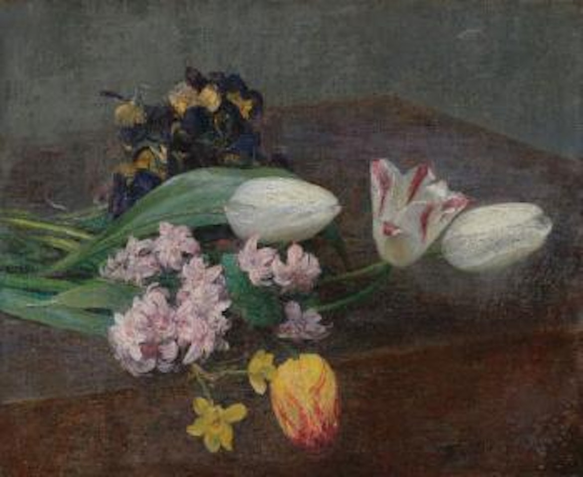 Jacinthes, Tulipes Et Pensées Posées Sur Une Table by Henri Fantin-Latour