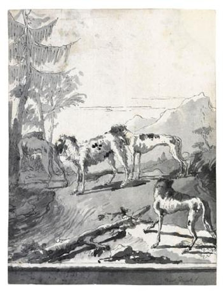 Four Hunting Dogs In a Landscape by Giovanni Domenico Tiepolo